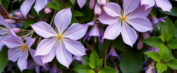 Delicate light purple clematis blossoms, vibrant petals, lush green foliage, flora, climbing plant