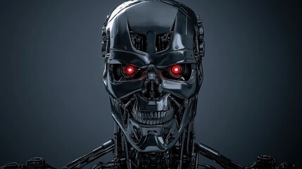 Cybernetic Skull: A chilling close-up of a Terminator-like robot head, showcasing intricate metallic detail and glowing red eyes.  A digital masterpiece.