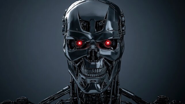 Cybernetic Skull: A chilling close-up of a Terminator-like robot head, showcasing intricate metallic detail and glowing red eyes.  A digital masterpiece.