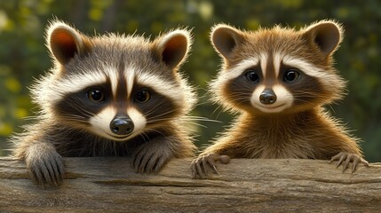Fototapeta premium Two adorable baby raccoons peeking out from behind a log. They are looking directly at the viewer with curious expressions. Warm sunlight bathes the scene