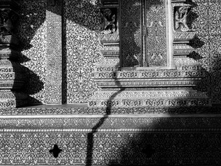 Shadows of Patterns: Light and Shadow at Wat Phiphat Mongkol (Black and White)