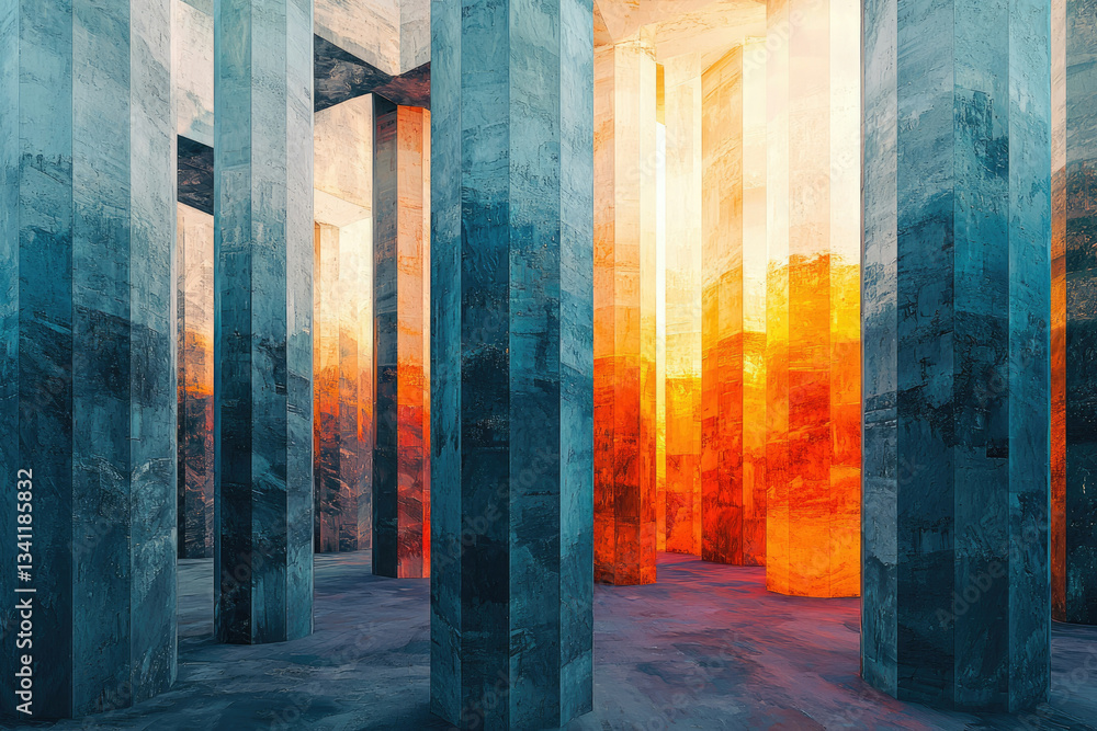 Poster abstract architectural rendering of a large hall with numerous teal and orange pillars, illuminated 