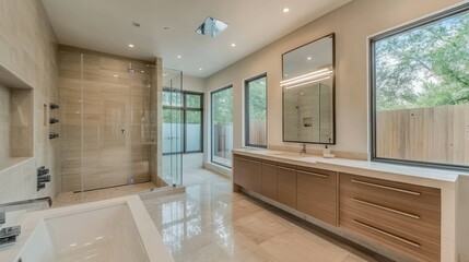 Modern luxury bathroom with spa-like shower and soaking tub