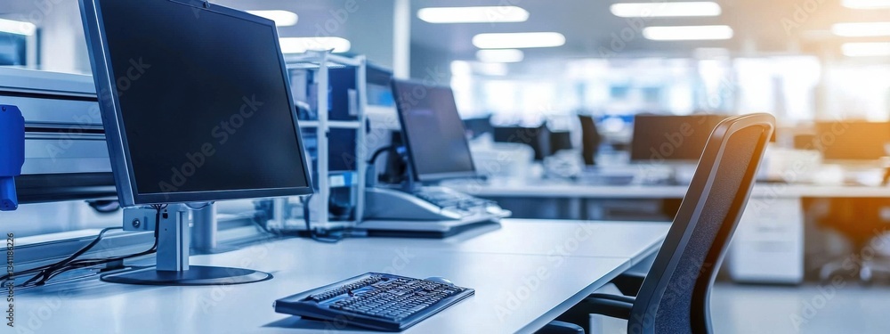 Poster modern office workspace with computer and empty desk setup