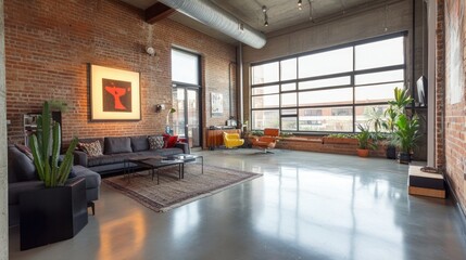 Modern loft living room with brick walls and large windows