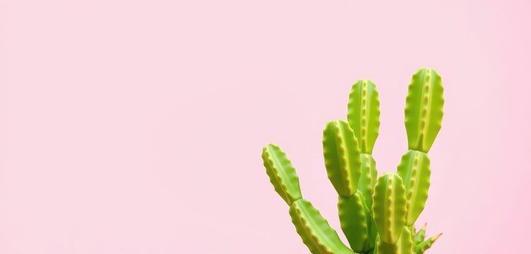 Vibrant green cactus plant against a pastel pink background, color, background