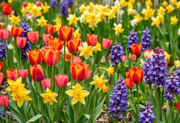 Vibrant tulips, daffodils, and hyacinths blooming in a lush spring garden, pink, horticulture