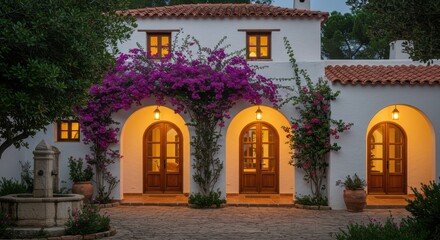 Charming White Building Facade with Arched Doors and Purple Flowers