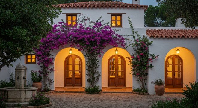 Charming White Building Facade with Arched Doors and Purple Flowers