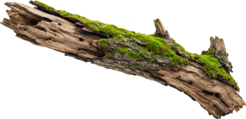 Mossy old weathered wood branch isolated transparent background perfect for nature designs