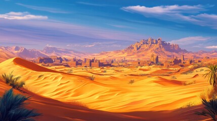 Fototapeta premium Magnificent Sahara Desert Panorama with Ancient City and Rolling Sand Dunes