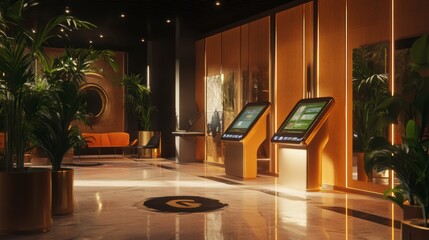 An outdated office lobby being redesigned with modern decor, digital kiosks, and a welcoming atmosphere