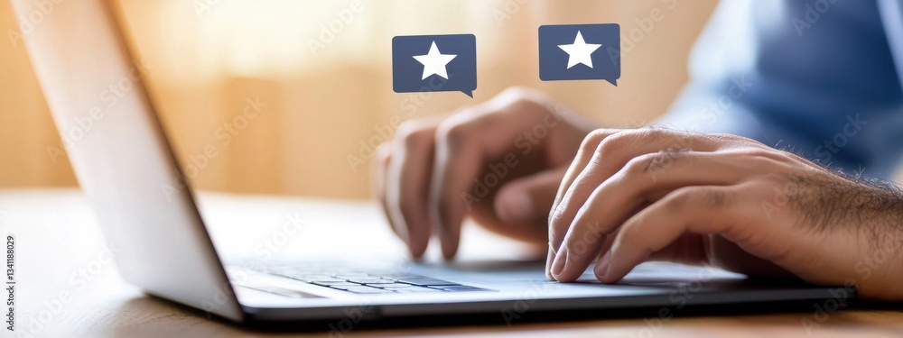Poster hands typing on laptop with comment icons in soft light background