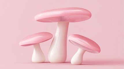Three Delicate Pink Mushrooms on a Pastel Background