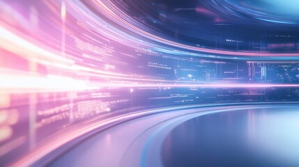 A vibrant, futuristic scene with dynamic light trails and abstract digital patterns, suggesting technology and innovation.