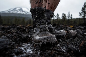A close-up photograph of a person's boots highlights the dirt and ruggedness, making it suitable for themes related to outdoor adventure and exploration