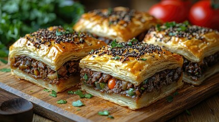 Fototapeta premium Delicious savory pastries with a meat and vegetable filling on display