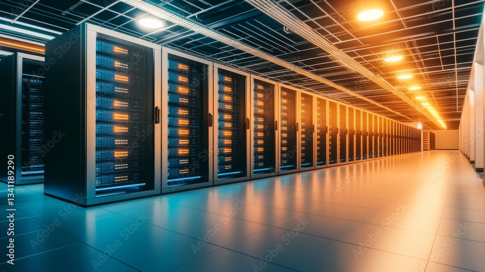 Poster the dark room of a modern data technology centre houses server racks, representing the visualization