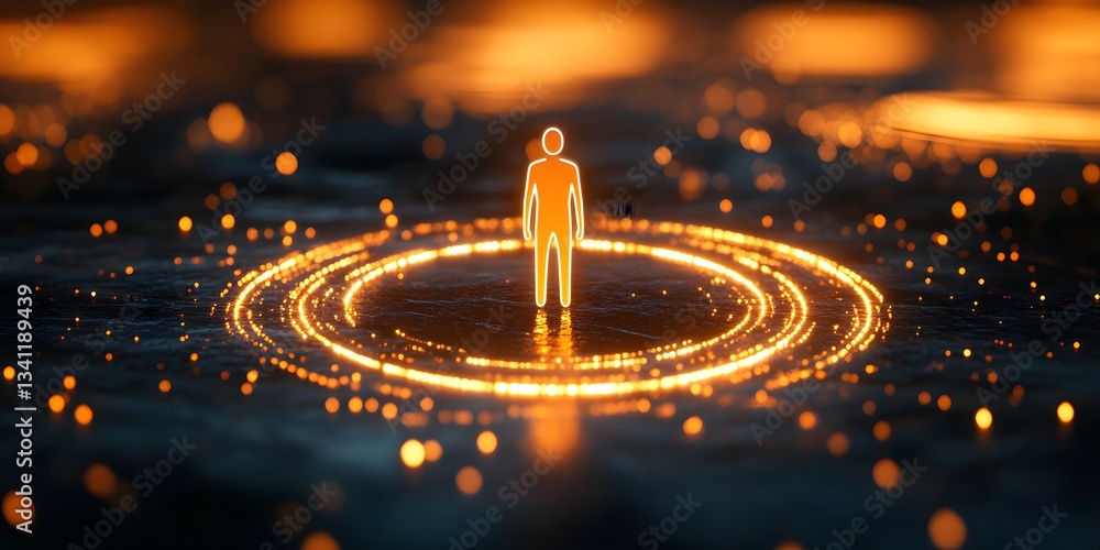 Poster glowing figure surrounded by luminous circular patterns