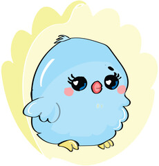  A close up of a cartoon bird . cute blue bird with beautiful heart shape eyes, Cute design for textile, scrapbooking, nursery, kids wrapping, poster and print.