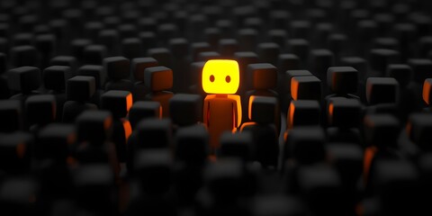 Obraz premium Glowing human figure icon standing out in a dark crowd