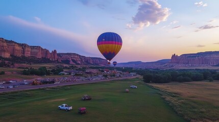 Obraz premium Spectacular hot air balloon fiesta over idyllic valley under twilight sky