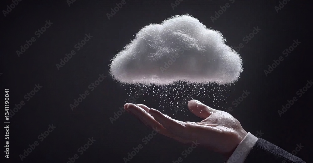 Poster the concept of big data storage management is illustrated by a man's hand displaying a virtual cloud