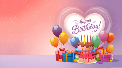 There are brightly colored gifts, shiny balloons, and an elegant celebration cake. A birthday illustration with a heart-shaped pattern background with the message 'Happy Birthday'.