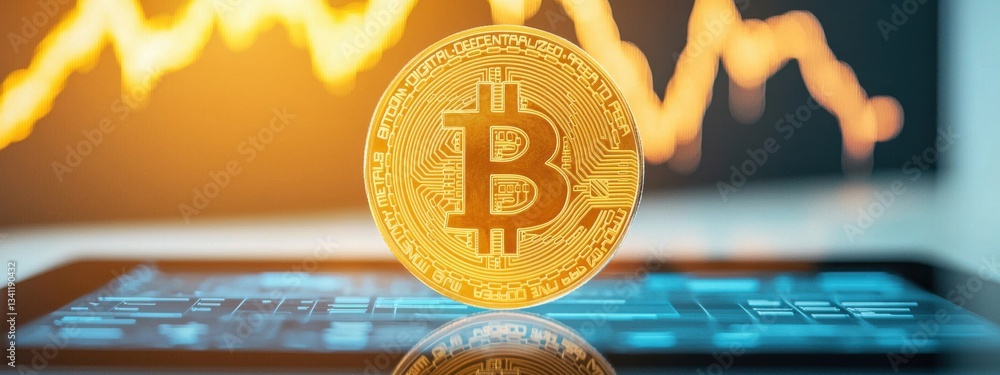 Poster golden bitcoin coin with rising graph on digital tablet display