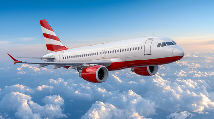 Obraz premium White And Red Airplane Flying Over Fluffy Clouds At Sunset