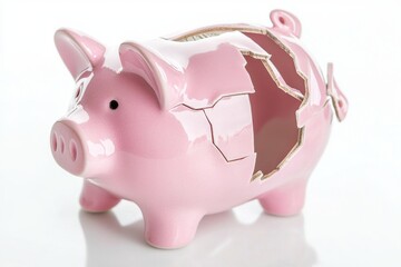 The concept of financial loss is represented by a broken pink piggy bank on a white background