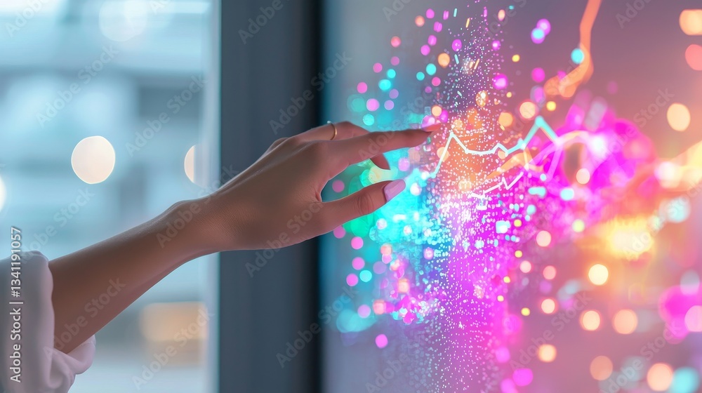 Poster image of a hand fine-tuning a smart thermostat in a building designed for energy efficiency, with gr