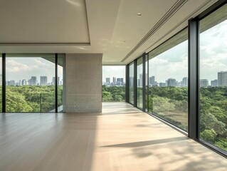 A large open room with a view of the city. The room is empty and has a lot of windows