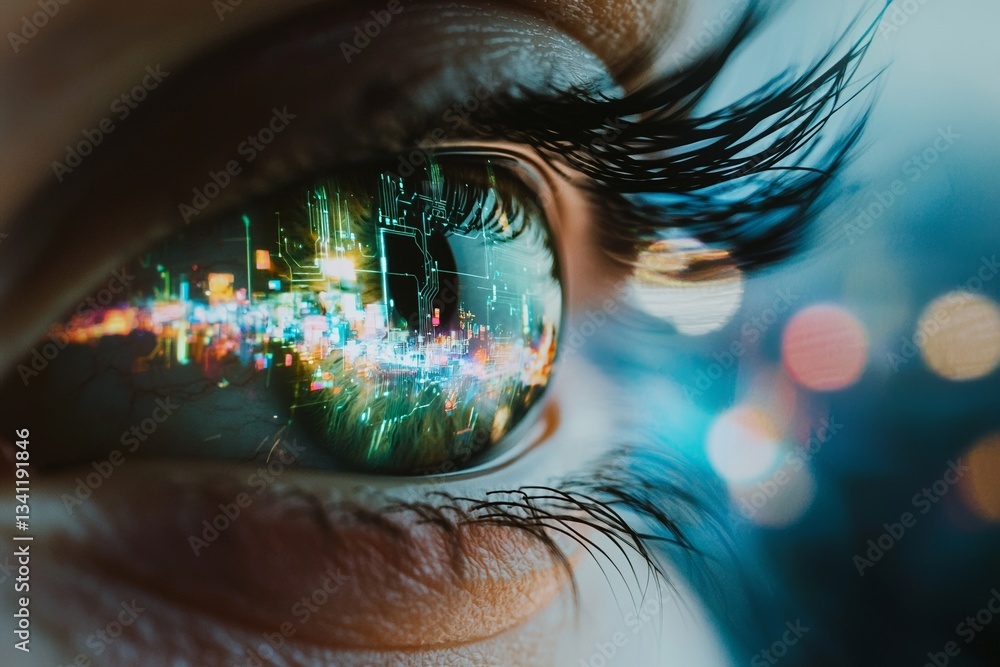 Poster futuristic circuit patterns are visible in this close-up stock image of a digital eye