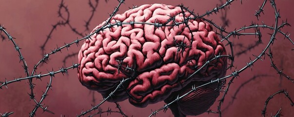 A striking illustration of a brain entangled in barbed wire, symbolizing mental struggle and constraint.