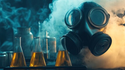 A gas mask sits in a laboratory filled with smoke and beakers containing yellow liquid, creating a mysterious and scientific atmosphere.