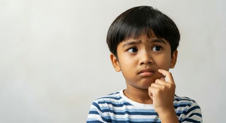 Young asian boy with pensive expression and striped shirt on gray background