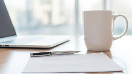 Workspace Setup with Laptop, Cup of Coffee, and Blank Paper