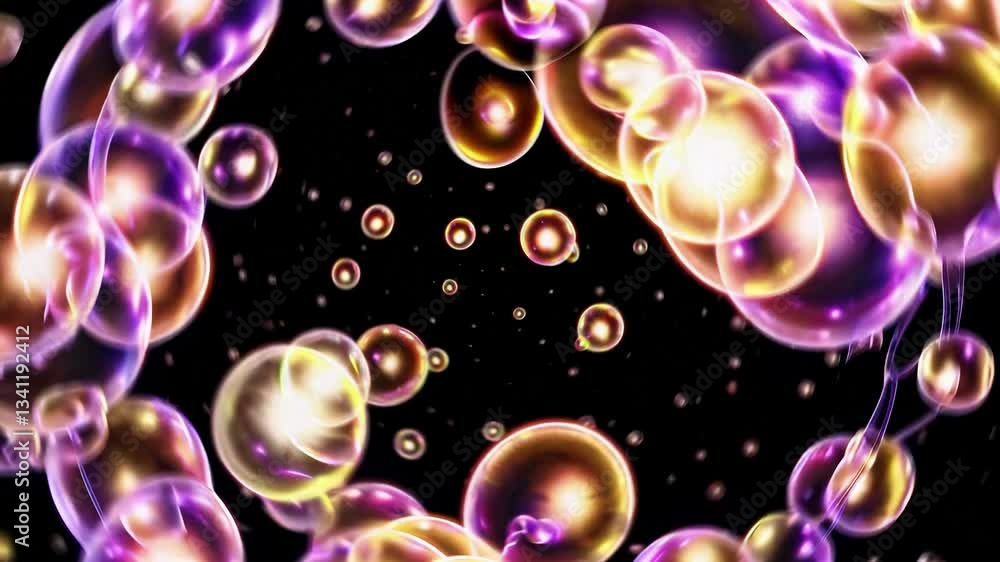 Poster shiny soap bubbles floating on a black background. abstract motion graphics concept. perfect footage