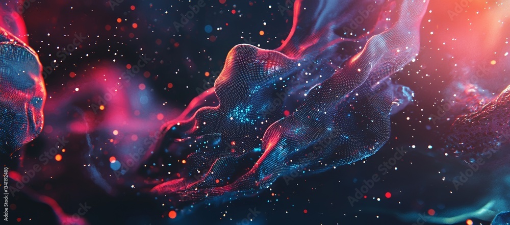 Aufkleber a futuristic data transfer concept is depicted through neon wave lines and bokeh lights on an abstra