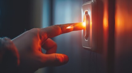 A person is pointing at a light switch
