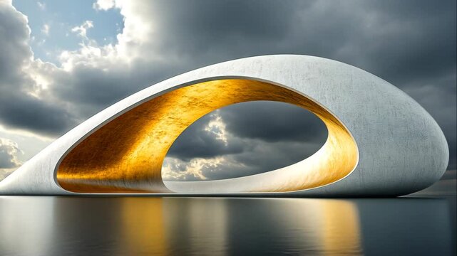 Futuristic architectural marvel reflecting on serene waters.