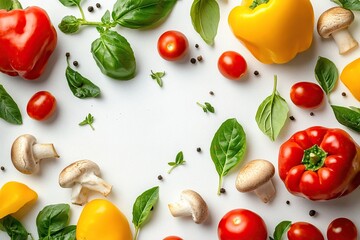 Colorful vegetables and herbs frame on white. (1)
