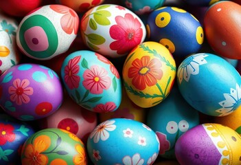 Obraz premium A row of colorful, hand-painted Easter eggs bundled together, vibrant colors, background