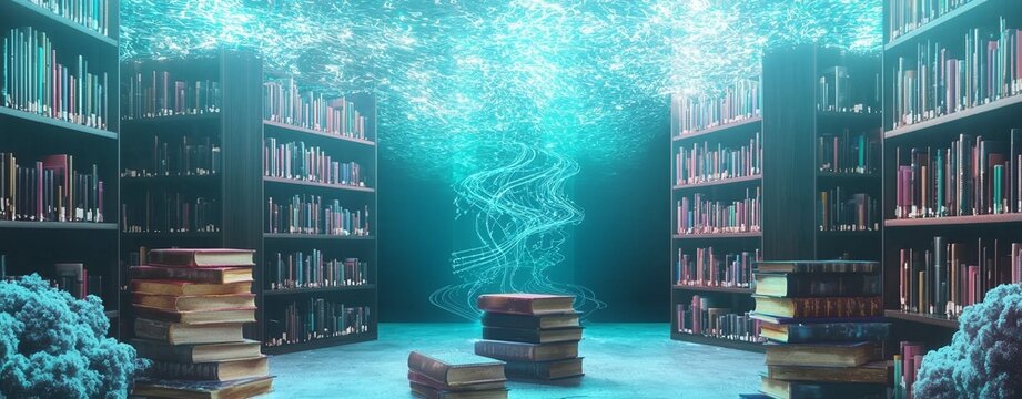 Holographic books in a futuristic library provide detailed accounts of every hyper-specific local event on record