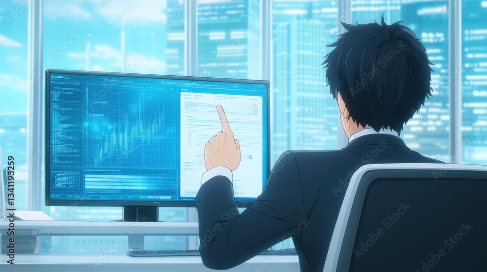 Poster professional businessman analyzing data on computer screen in office