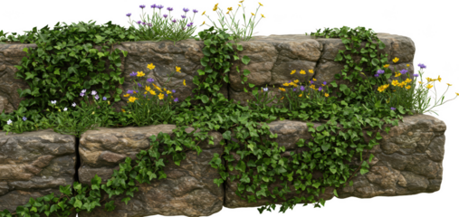 Stone Wall with Blooming Yellow and Purple Flowers and Lush Green Ivy Perfect for Garden or Nature Designs