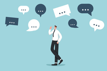 Collect feedback, employee survey, customer advice, idea or opinion for improvement, skills business communication, thought process for complex situations, many speech bubbles above thinking man.