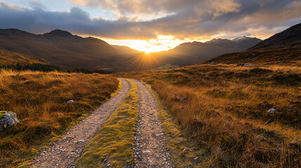 serene mountain trail bathed in golden hour light, inviting exploration and adventure in nature beauty