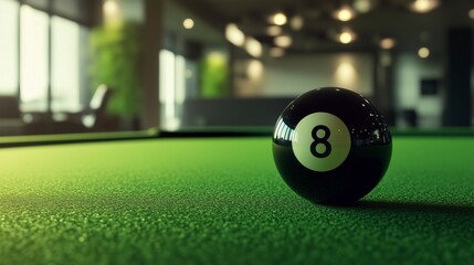 Classic black 8-ball resting on a vibrant green billiards table with a softly focused background and moody stylish lighting, elegant and competitive atmosphere
